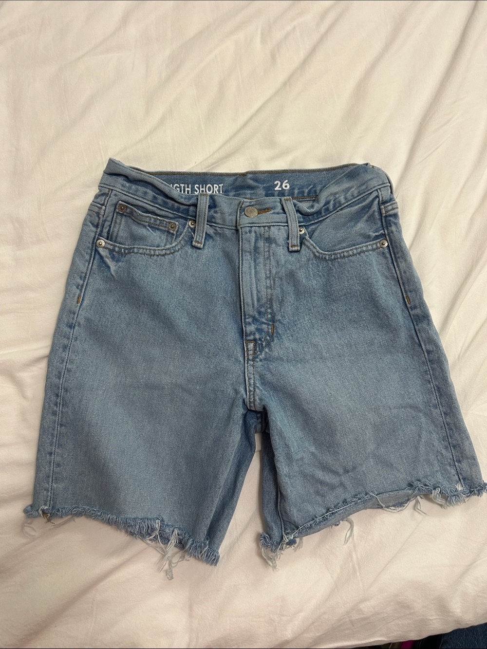 J. Crew Light Blue Denim High-Rise Fray Hem Bermuda Shorts